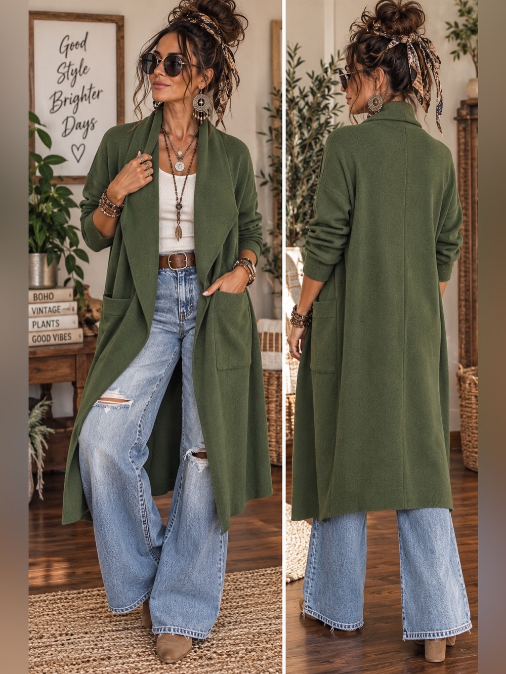 Long Olive Green Open-Front Women’s Cardigan with Pockets